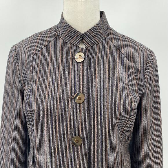 Vintage 90s Carmel Zhao Wool Blazer Single Breasted Striped Brown Womens 6 - Picture 2 of 15